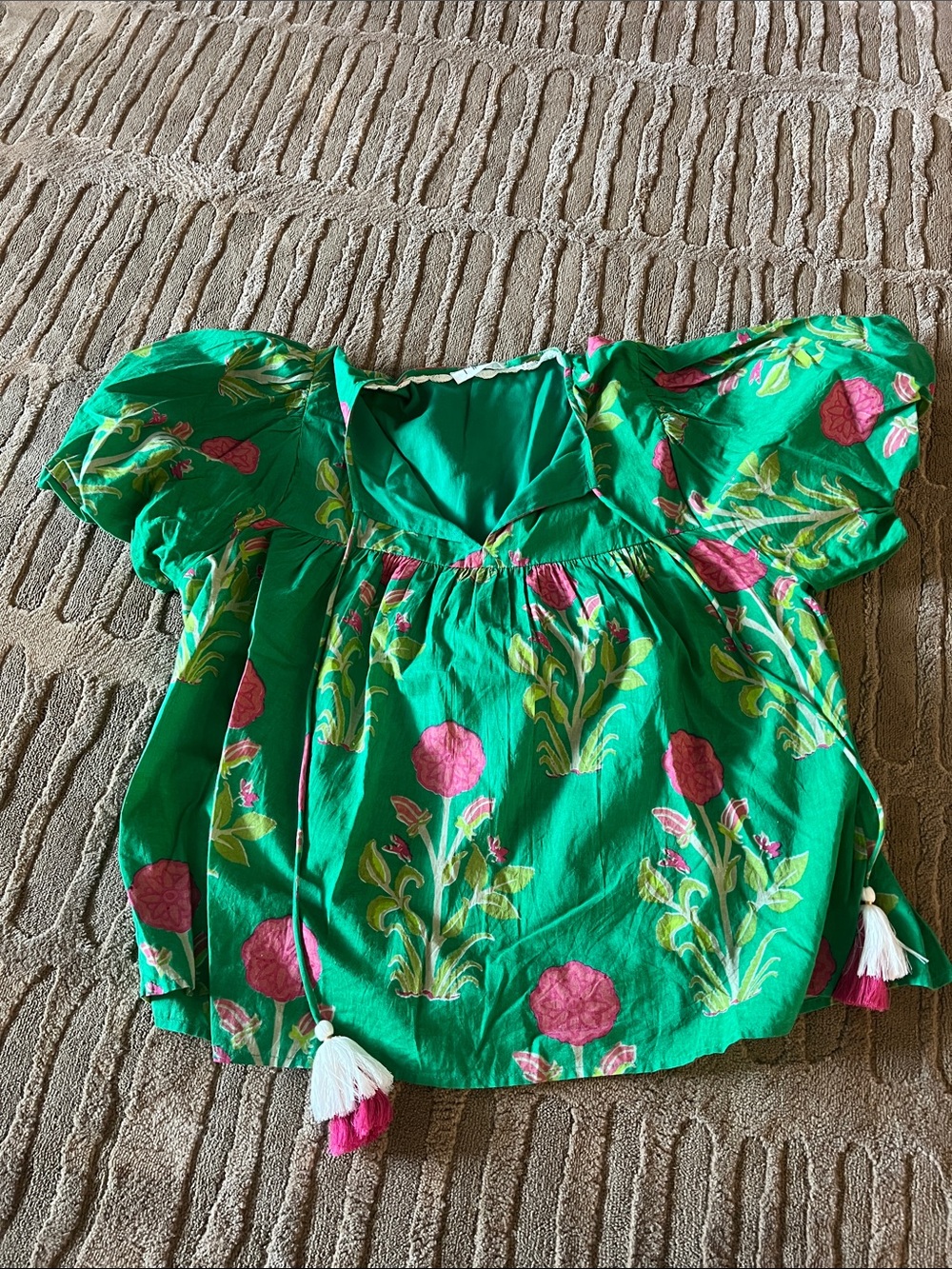 THML Green Floral Puff-Sleeve Blouse with Tassel Ties